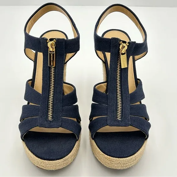 Michael Kors Womens Damita Espadrille Wedge Sandal Size 10M Navy Canvas Woven