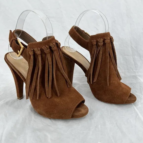 MICHAEL MICHAEL KORS Kassidy Bootie 5.5 Brown Suede Tassel Peep Toe Open Heeled