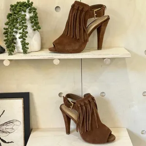 MICHAEL MICHAEL KORS Kassidy Bootie 5.5 Brown Suede Tassel Peep Toe Open Heeled