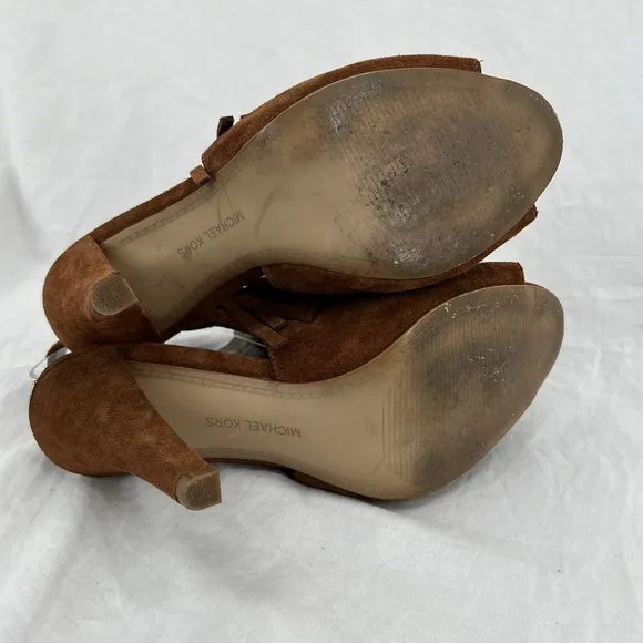 MICHAEL MICHAEL KORS Kassidy Bootie 5.5 Brown Suede Tassel Peep Toe Open Heeled