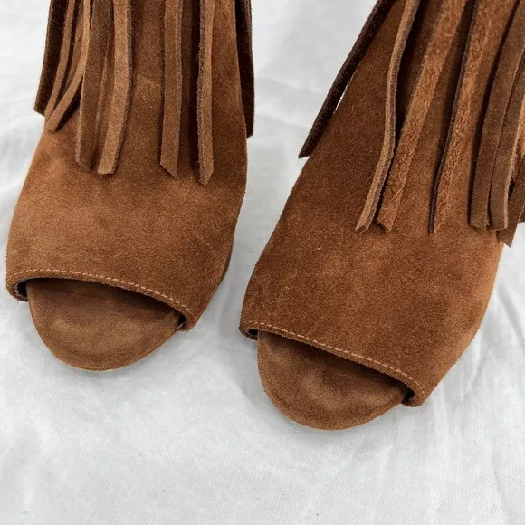 MICHAEL MICHAEL KORS Kassidy Bootie 5.5 Brown Suede Tassel Peep Toe Open Heeled