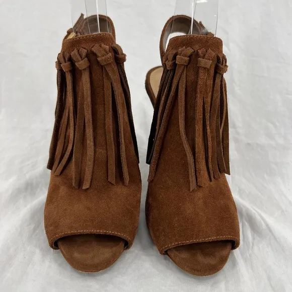 MICHAEL MICHAEL KORS Kassidy Bootie 5.5 Brown Suede Tassel Peep Toe Open Heeled