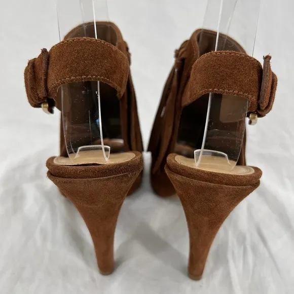 MICHAEL MICHAEL KORS Kassidy Bootie 5.5 Brown Suede Tassel Peep Toe Open Heeled