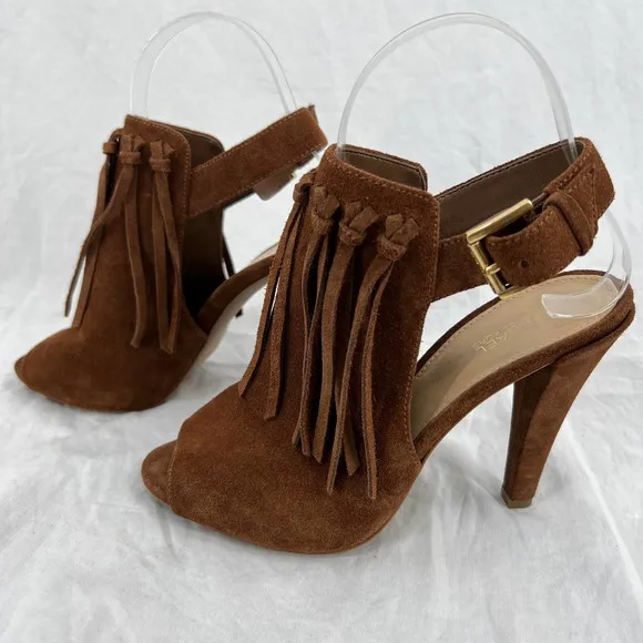 MICHAEL MICHAEL KORS Kassidy Bootie 5.5 Brown Suede Tassel Peep Toe Open Heeled