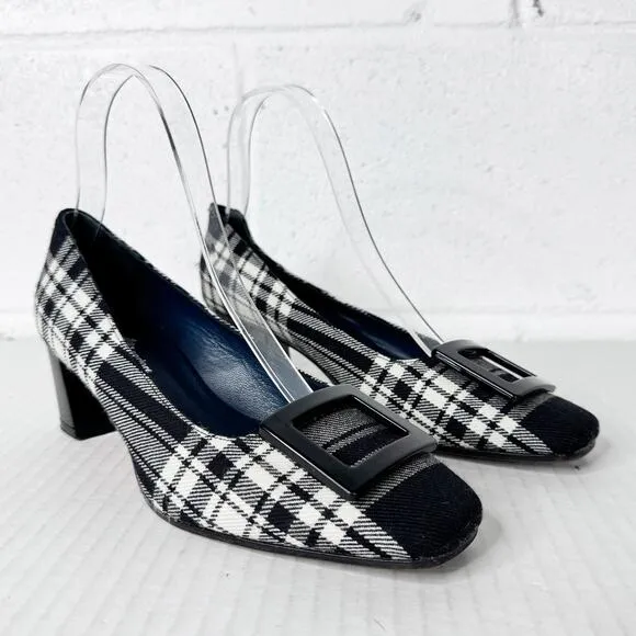 Michele Lopriore Heels Size 36 Tartan Plaid Tweed Square Toe Women's