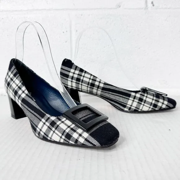 Michele Lopriore Heels Size 36 Tartan Plaid Tweed Square Toe Women's