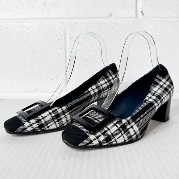 Michele Lopriore Heels Size 36 Tartan Plaid Tweed Square Toe Women's