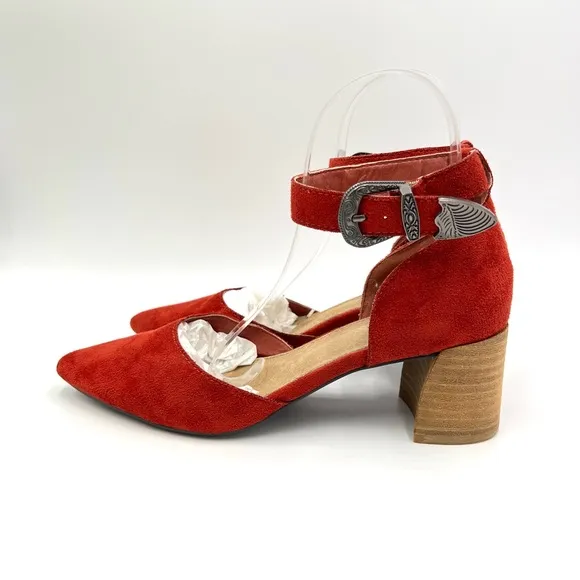 Mi.iM Womens Faux Red Suede D'Orsay Block Heel Western Buckle Heels Shoes 8