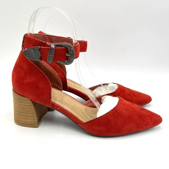 Mi.iM Womens Faux Red Suede D'Orsay Block Heel Western Buckle Heels Shoes 8