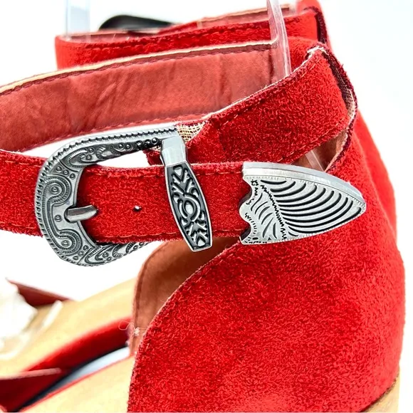Mi.iM Womens Faux Red Suede D'Orsay Block Heel Western Buckle Heels Shoes 8