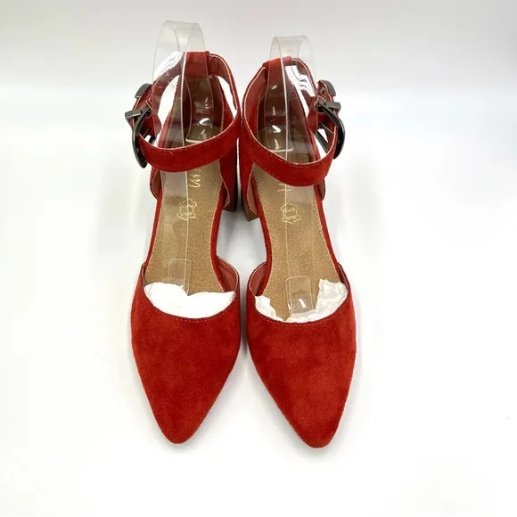 Mi.iM Womens Faux Red Suede D'Orsay Block Heel Western Buckle Heels Shoes 8