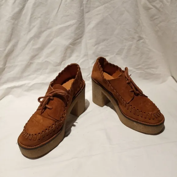 MIISTA Cognac Suede Heeled Platform Oxfords w/Whip Stitching Detail Gum …