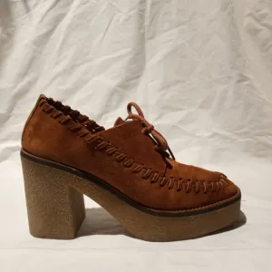 MIISTA Cognac Suede Heeled Platform Oxfords w/Whip Stitching Detail Gum …