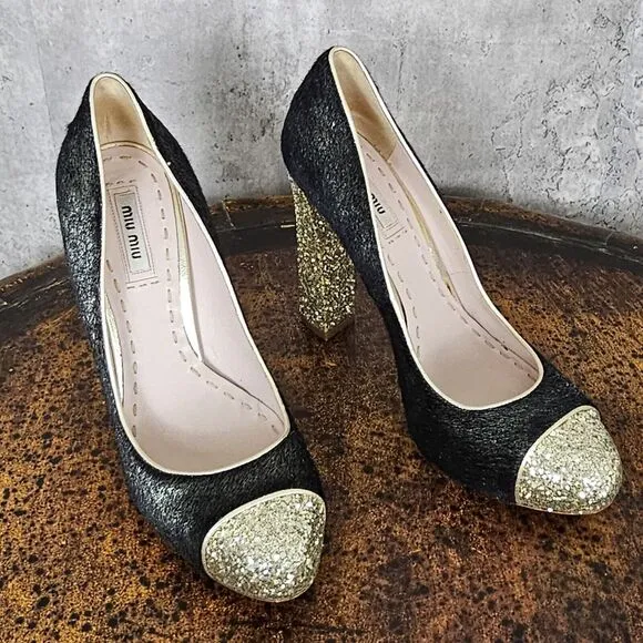 Miu Miu‎ 38.5 Black Pony Style Calfskin Gold Glittery Block Heels Pumps Cap Toe
