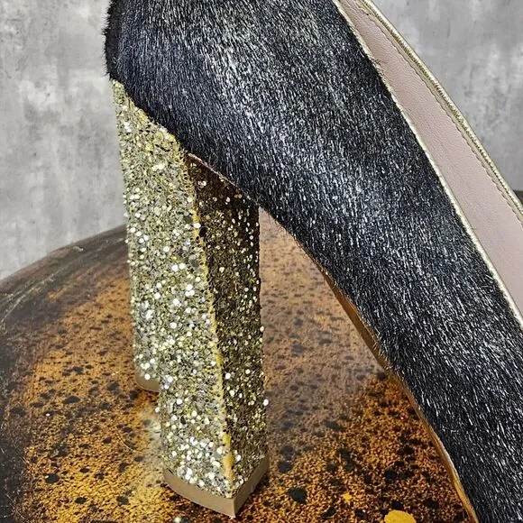 Miu Miu‎ 38.5 Black Pony Style Calfskin Gold Glittery Block Heels Pumps Cap Toe