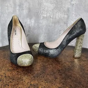 Miu Miu‎ 38.5 Black Pony Style Calfskin Gold Glittery Block Heels Pumps Cap Toe
