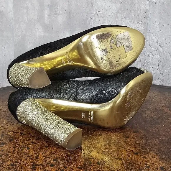 Miu Miu‎ 38.5 Black Pony Style Calfskin Gold Glittery Block Heels Pumps Cap Toe