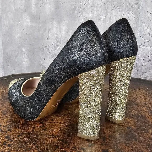Miu Miu‎ 38.5 Black Pony Style Calfskin Gold Glittery Block Heels Pumps Cap Toe