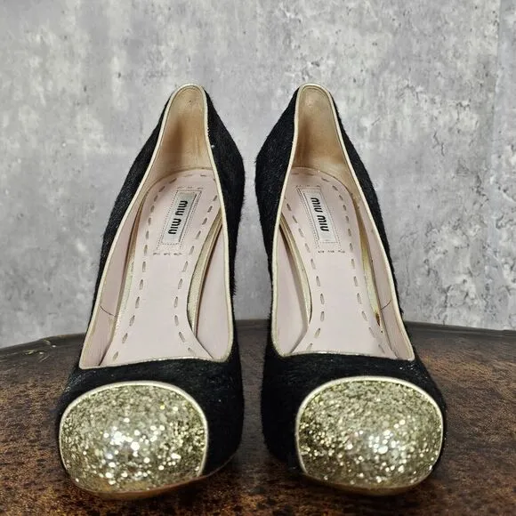 Miu Miu‎ 38.5 Black Pony Style Calfskin Gold Glittery Block Heels Pumps Cap Toe