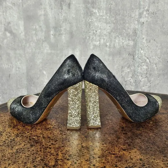 Miu Miu‎ 38.5 Black Pony Style Calfskin Gold Glittery Block Heels Pumps Cap Toe
