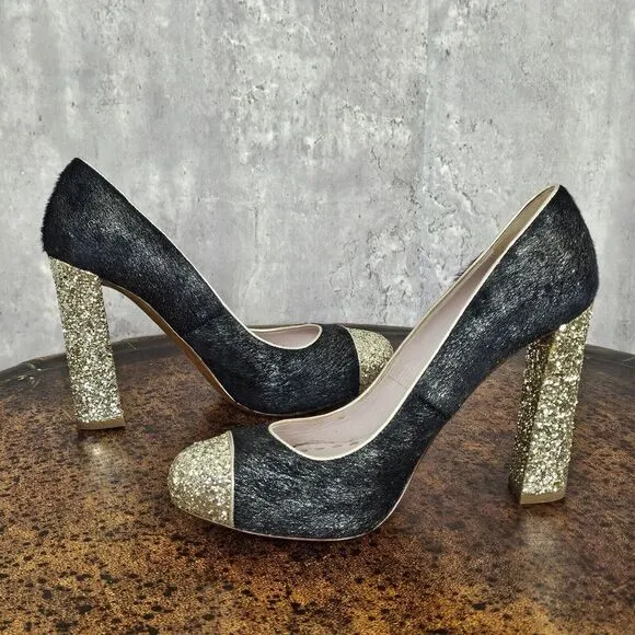 Miu Miu‎ 38.5 Black Pony Style Calfskin Gold Glittery Block Heels Pumps Cap Toe