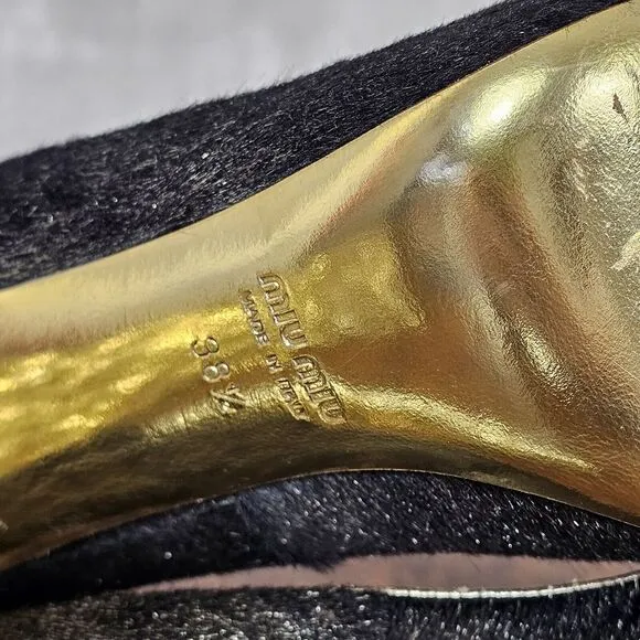 Miu Miu‎ 38.5 Black Pony Style Calfskin Gold Glittery Block Heels Pumps Cap Toe