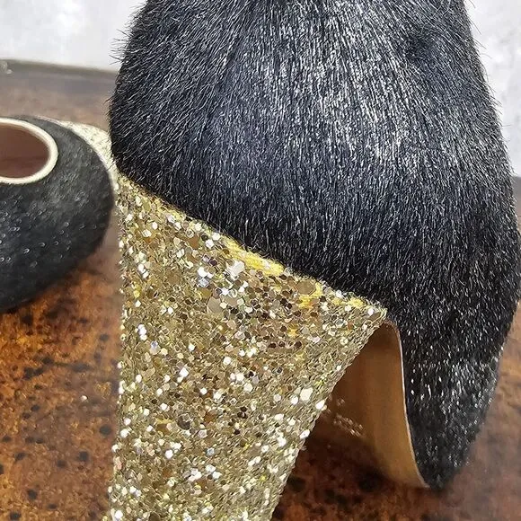 Miu Miu‎ 38.5 Black Pony Style Calfskin Gold Glittery Block Heels Pumps Cap Toe