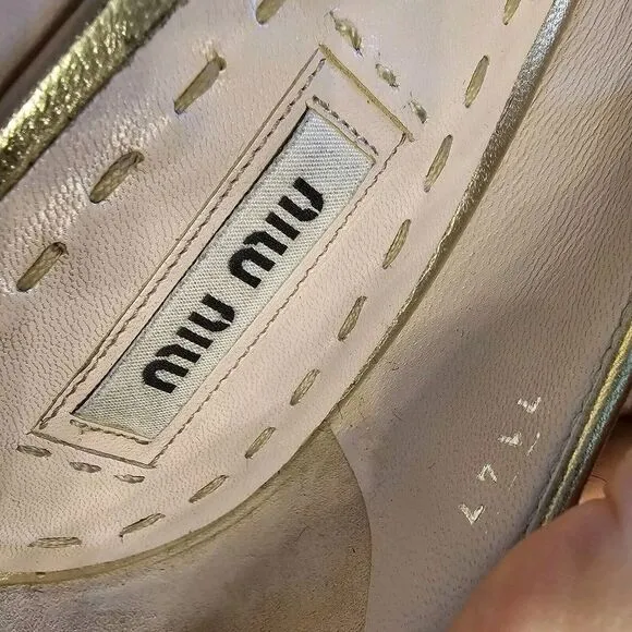 Miu Miu‎ 38.5 Black Pony Style Calfskin Gold Glittery Block Heels Pumps Cap Toe
