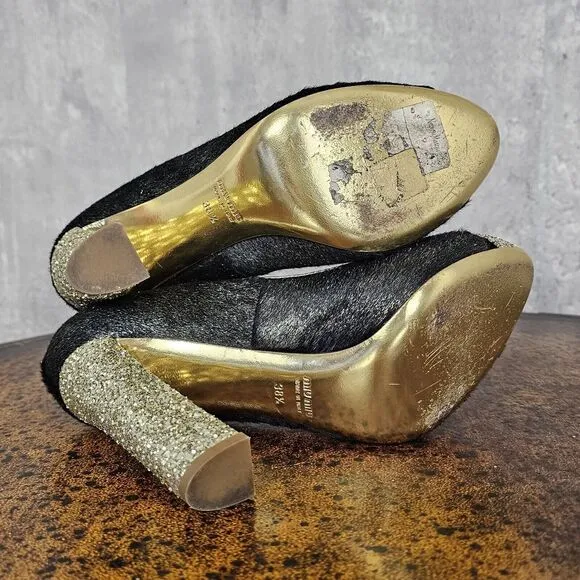 Miu Miu‎ 38.5 Black Pony Style Calfskin Gold Glittery Block Heels Pumps Cap Toe