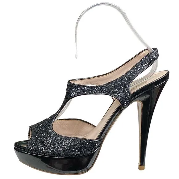 MIU MIU Women's Black Glitter Open Toe Heels 37.5 US 7.5