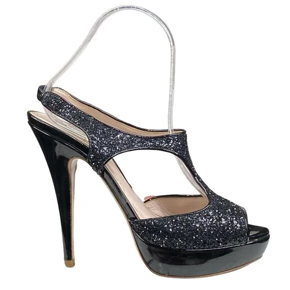 MIU MIU Women's Black Glitter Open Toe Heels 37.5 US 7.5