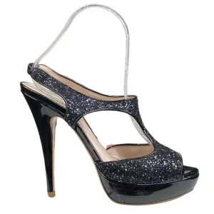 MIU MIU Women's Black Glitter Open Toe Heels 37.5 US 7.5