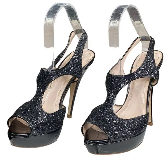 MIU MIU Women's Black Glitter Open Toe Heels 37.5 US 7.5