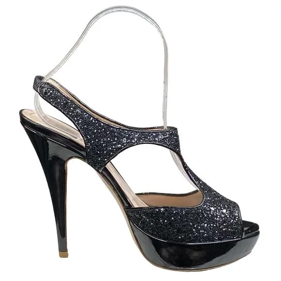 MIU MIU Women's Black Glitter Open Toe Heels 37.5 US 7.5