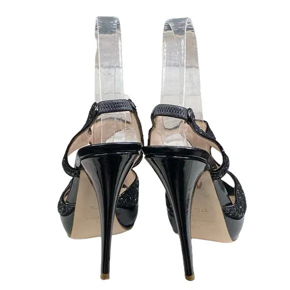 MIU MIU Women's Black Glitter Open Toe Heels 37.5 US 7.5