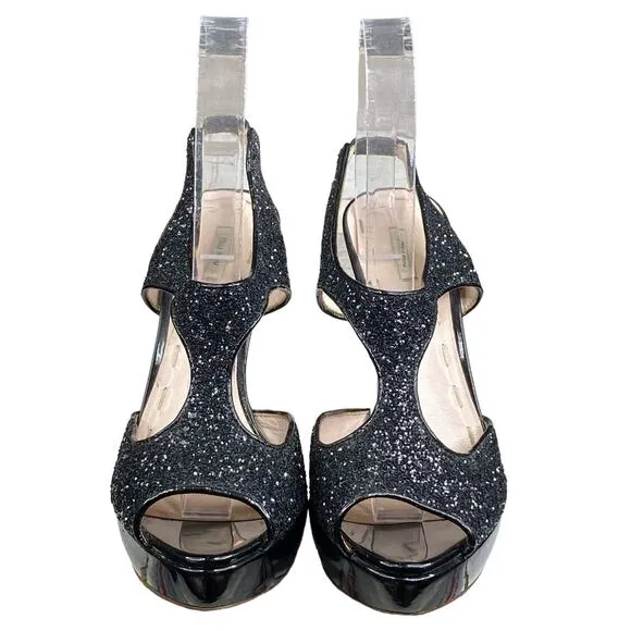 MIU MIU Women's Black Glitter Open Toe Heels 37.5 US 7.5