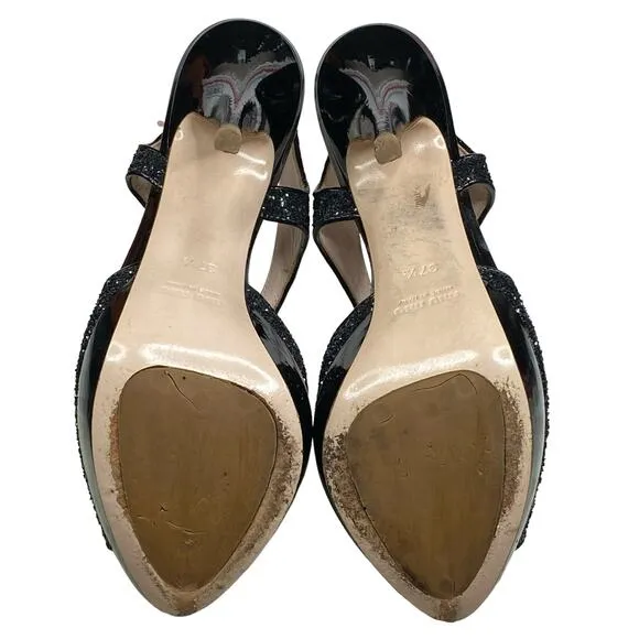 MIU MIU Women's Black Glitter Open Toe Heels 37.5 US 7.5