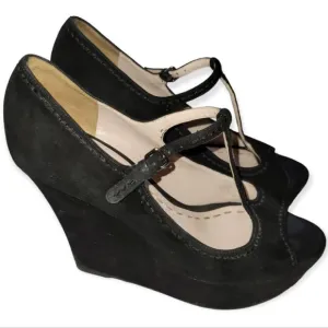 Miu Miu T-strap Open Toe Platform Wedge Heels Size 7 1/2