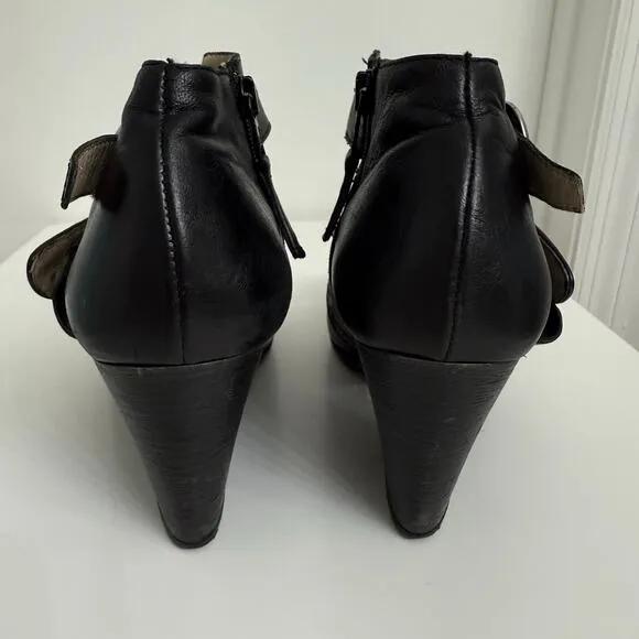 Miz Mooz Dale Mary Jane Heels Ankle Booties Faux Leather Black Embroidered Sz 9