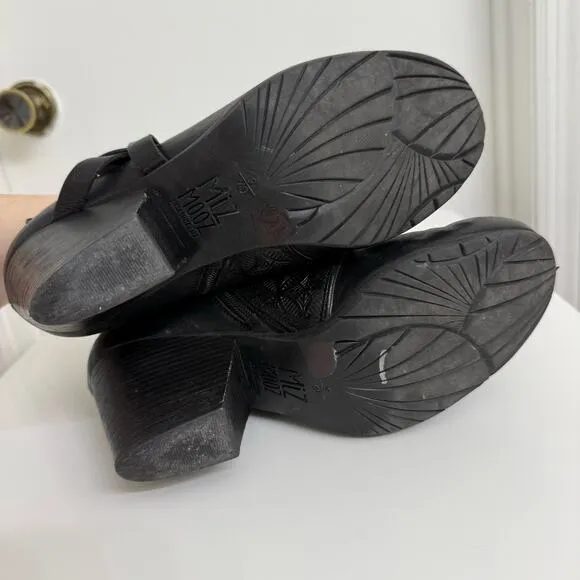 Miz Mooz Dale Mary Jane Heels Ankle Booties Faux Leather Black Embroidered Sz 9