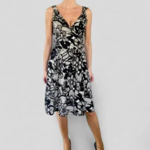 MOSCHINO Italy Abstract Floral Dress Black Grey White Floral Fit Flare Midi 10
