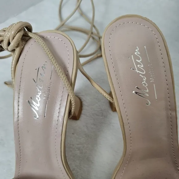 Mostrin Tan Heels Curve Nude Open Toe Quilted Pyramid Heels Size 40