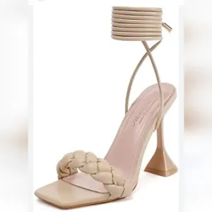 Mostrin Tan Heels Curve Nude Open Toe Quilted Pyramid Heels Size 40