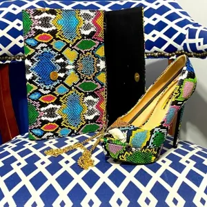 Multi snake print platform stiletto open peep toe pumps heels &amp; clutch bundle