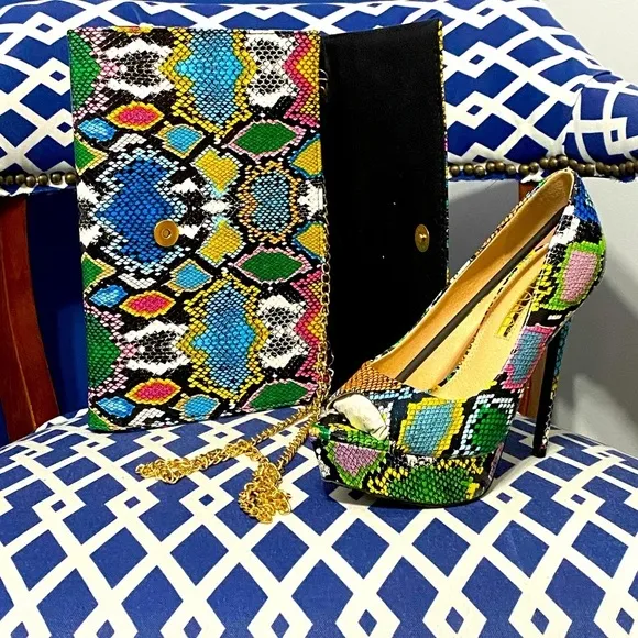 Multi snake print platform stiletto open peep toe pumps heels &amp; clutch bundle