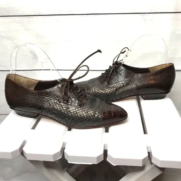 Nando Muzi Vintage Italian Leather Snakeskin Croc Flat Oxford Loafer