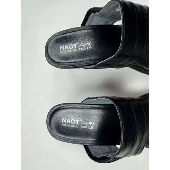 NAOT Isis Wedge Sandals‎ Women 40 US 9 EUC Leather Open Toe Comfort Heels Black