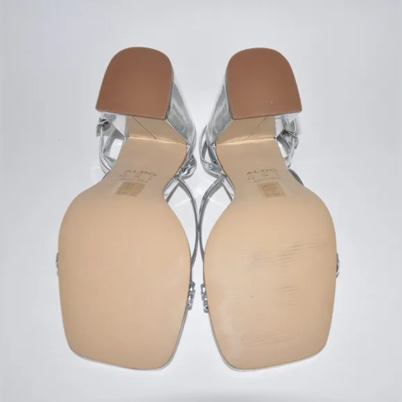 NEW Aldo Silver Metallic Open Toe Sandals Heels Block Heel Size 8.5 with Box
