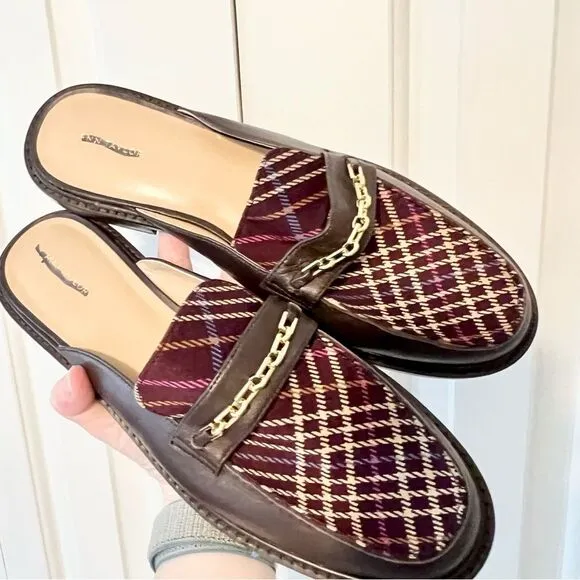 NEW Ann Taylor Plaid Chain Slip on Loafer Slides in Chocolate Brown