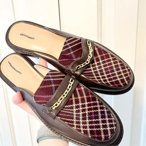 NEW Ann Taylor Plaid Chain Slip on Loafer Slides in Chocolate Brown
